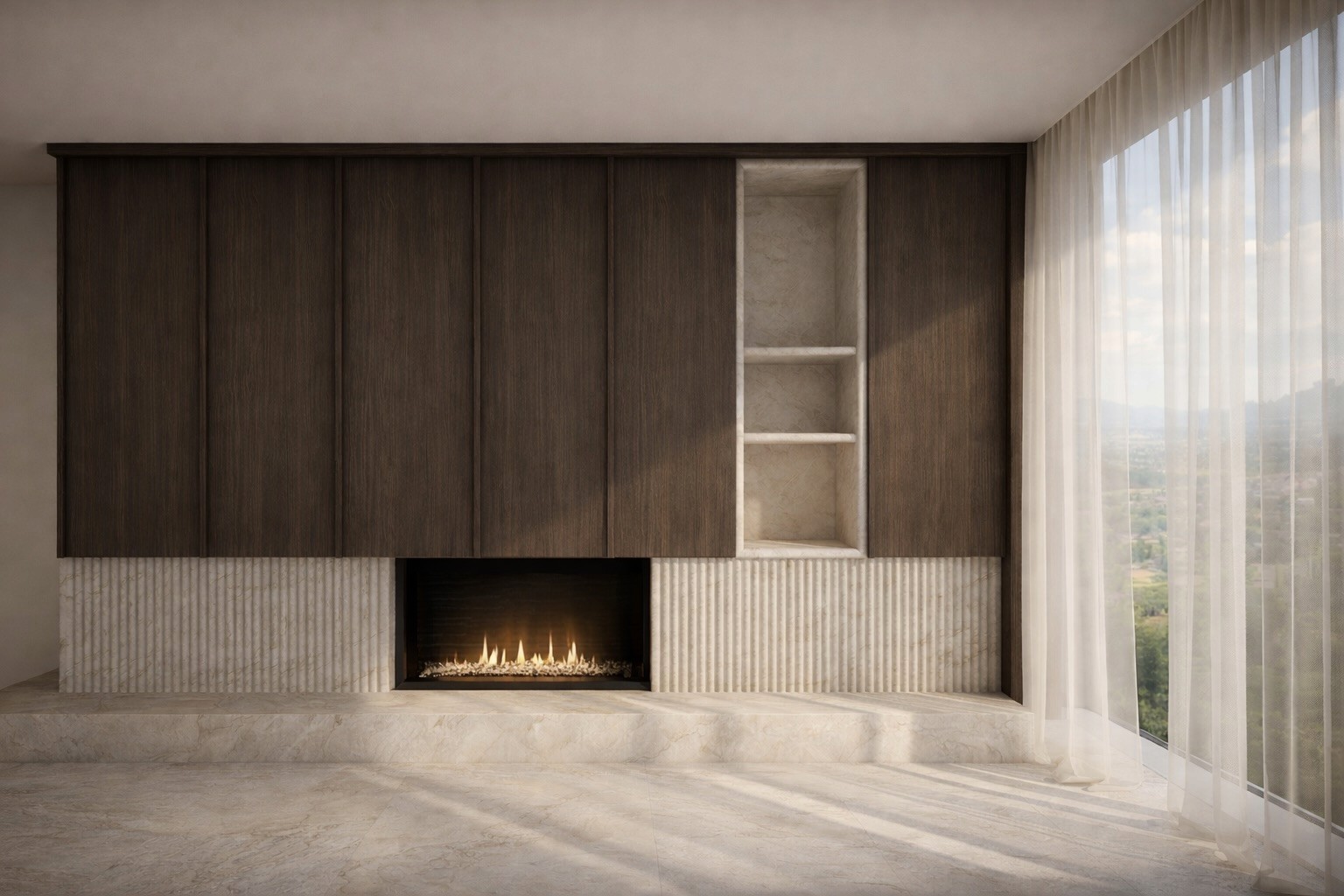 Curved white staircase with dramatic natural light in a modernist interior