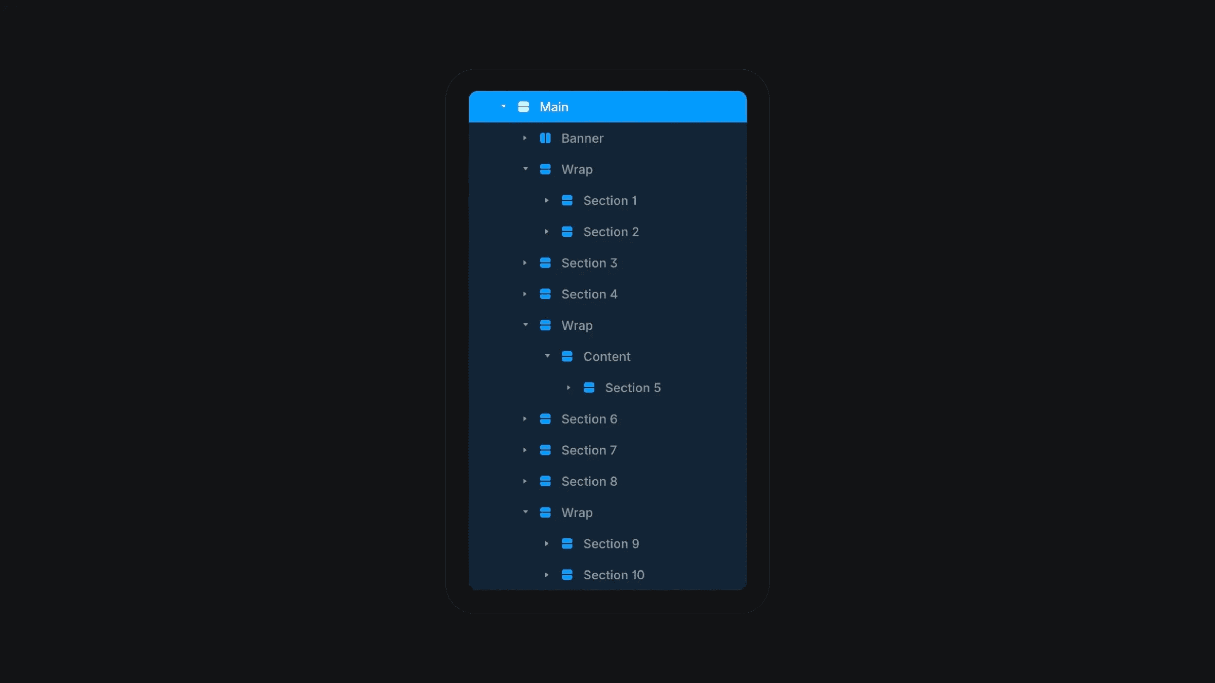 UI layers panel showing page sections hierarchy