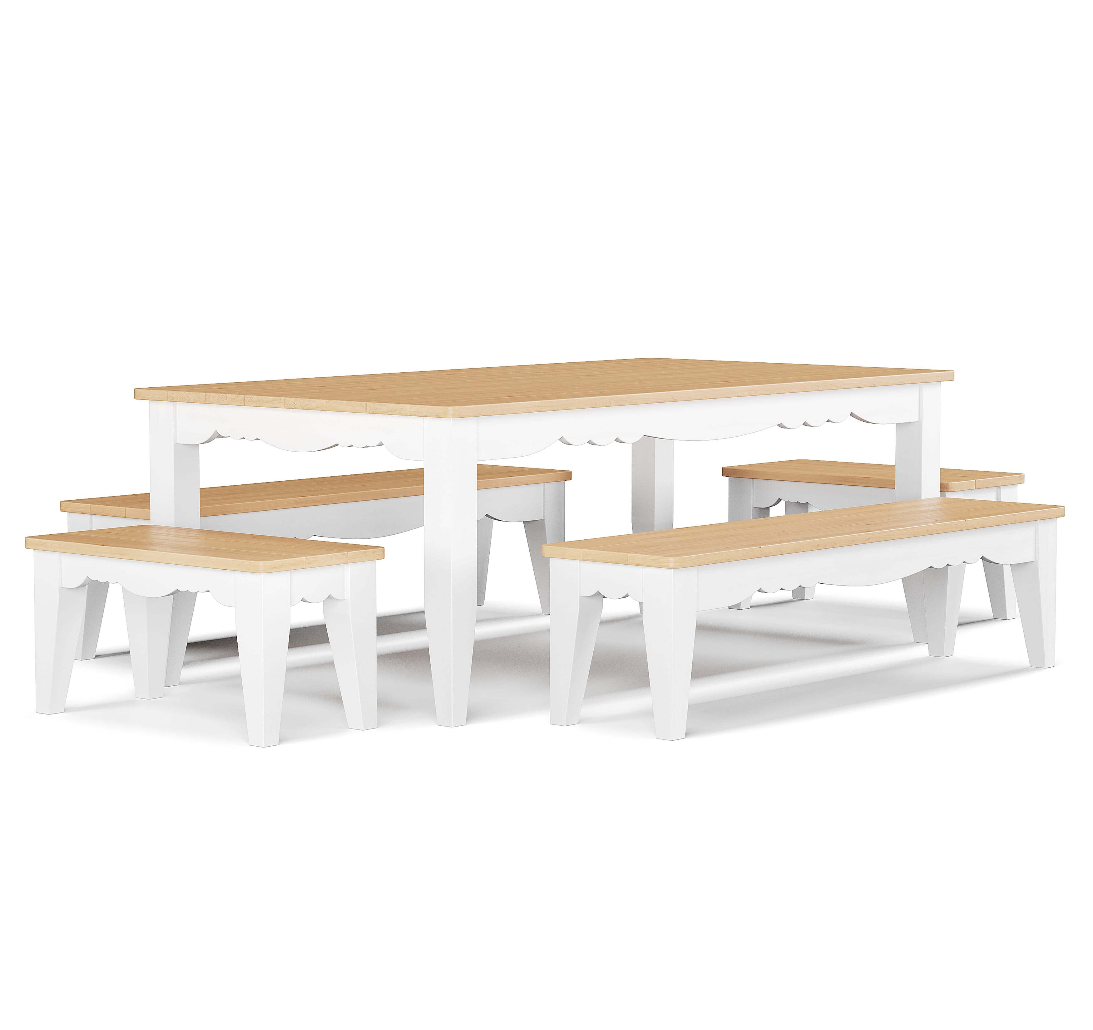Full dining set with table, bench, and stools in studio 3D render