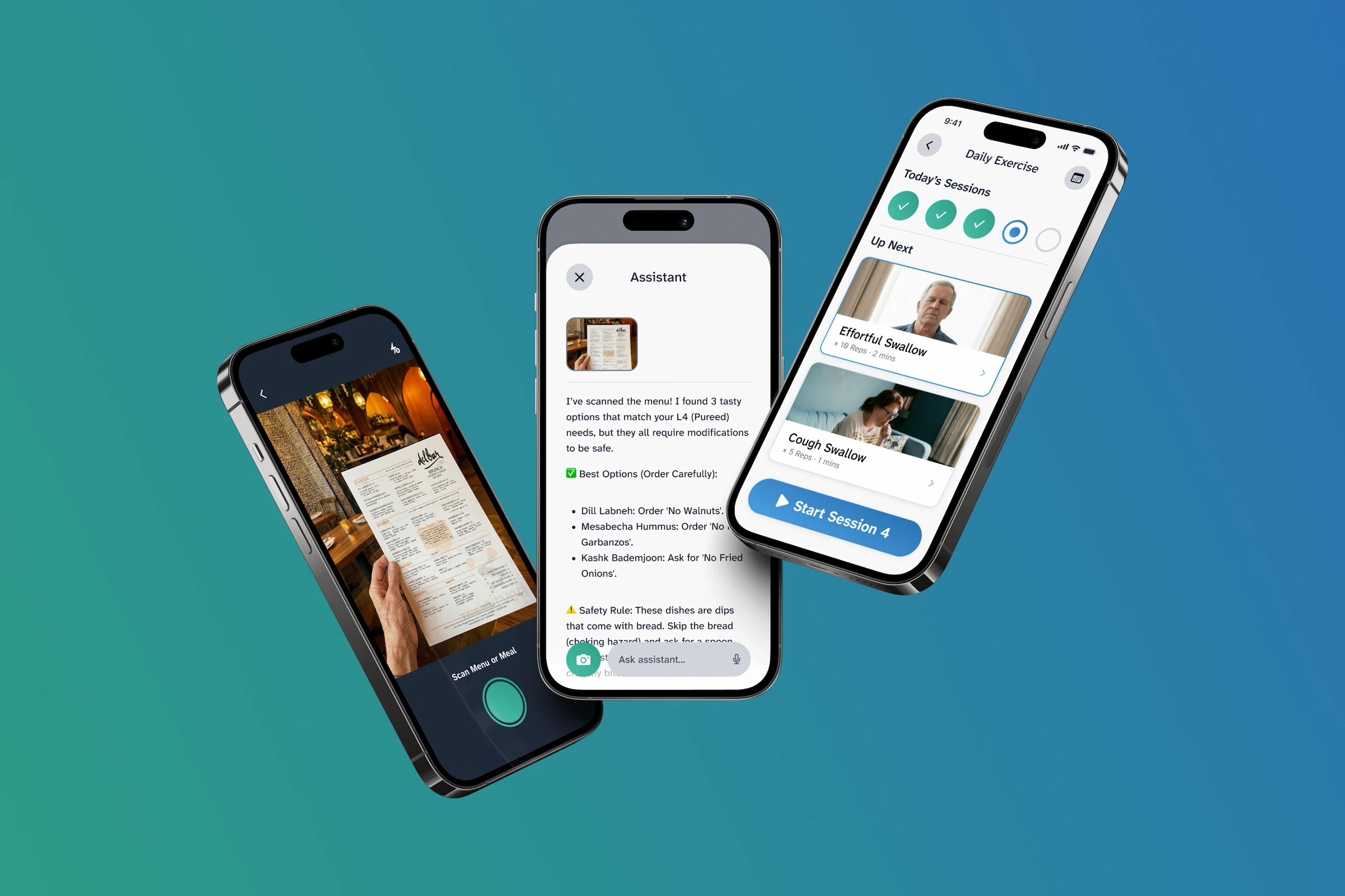 Three phone screens angled on a teal-to-blue gradient: a printed restaurant menu being photographed across a table, an assistant panel returning a per-dish verdict with the modification each dish needs, and the day’s exercise sessions with the next one queued.