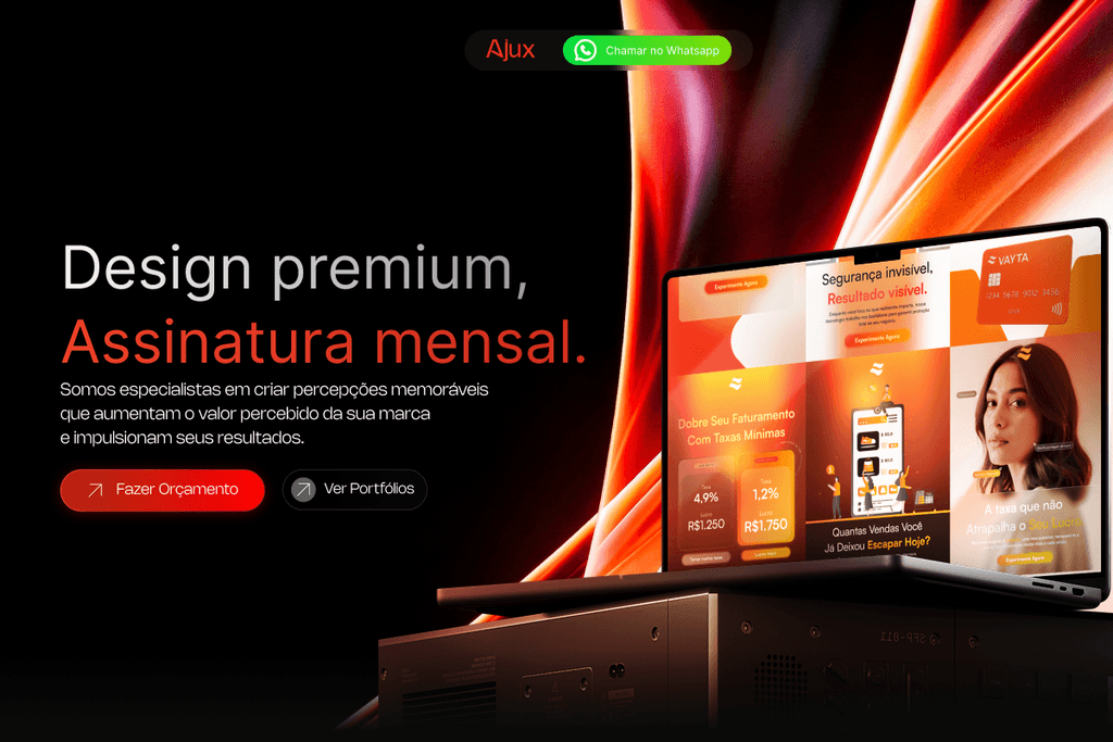 Promotional image highlighting premium design with a visual of a laptop and a woman's portrait.