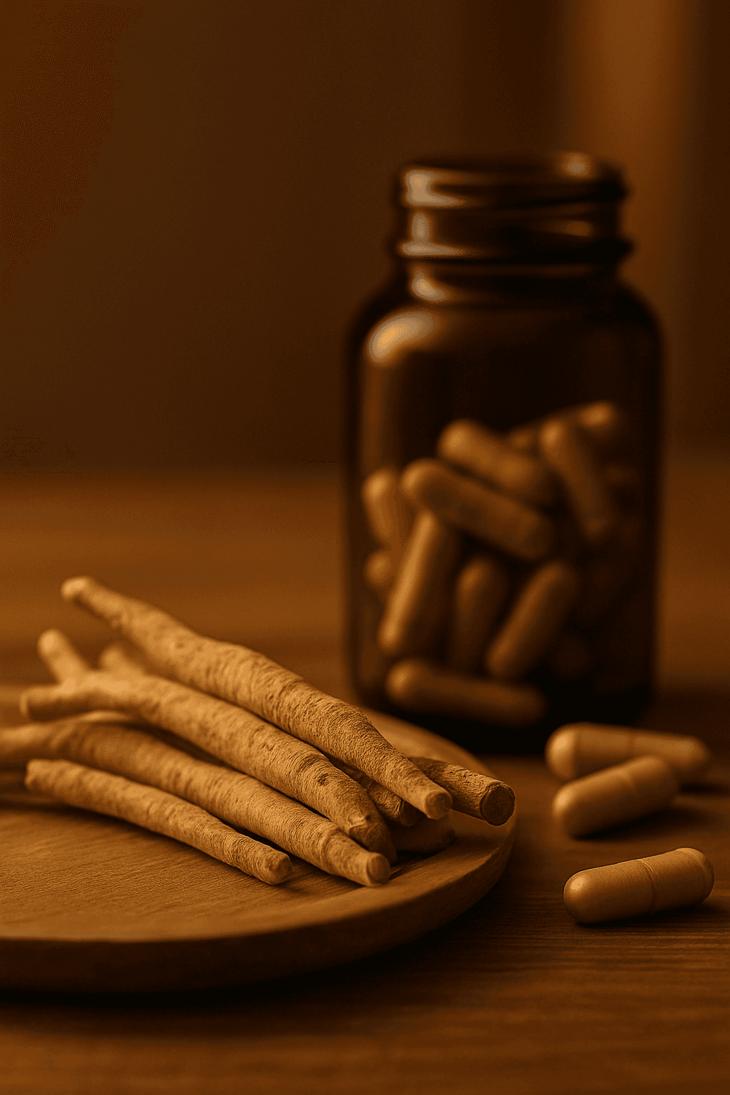 Image of Ashwagandha Roots with a Bottle in the Background