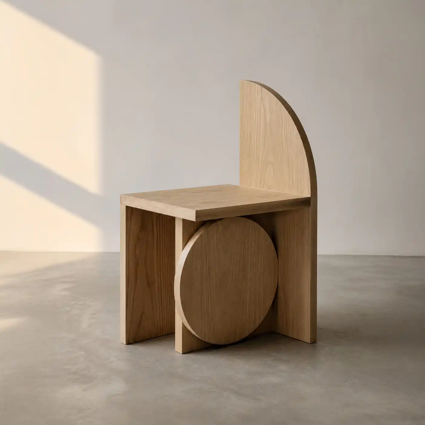 Geometrisk trestol i lyst studio med mykt dagslys.