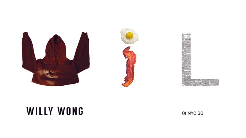 WIL word made of W letter as a red hoodie, letter I is made as a piece of bacon and a fried egg and L is made as pice newspaper