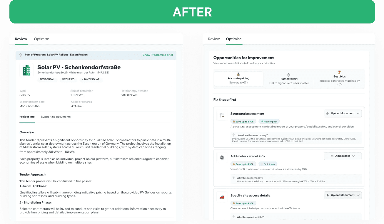 Before and after: combined editing and assessment view split into separate Review and Optimize tabs with clear improvement recommendations