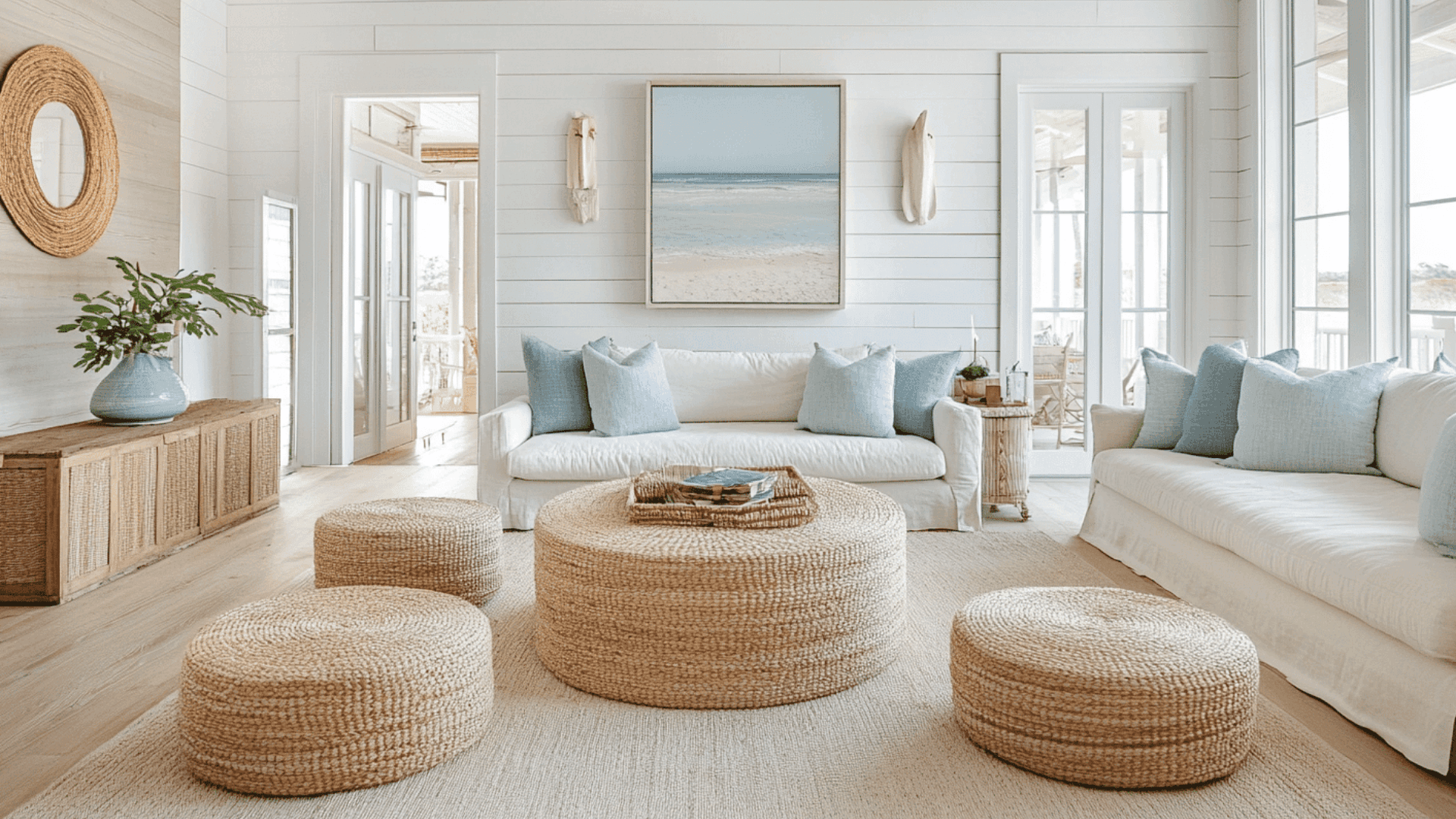 Coastal Drawing Room With Whitewashed Wood