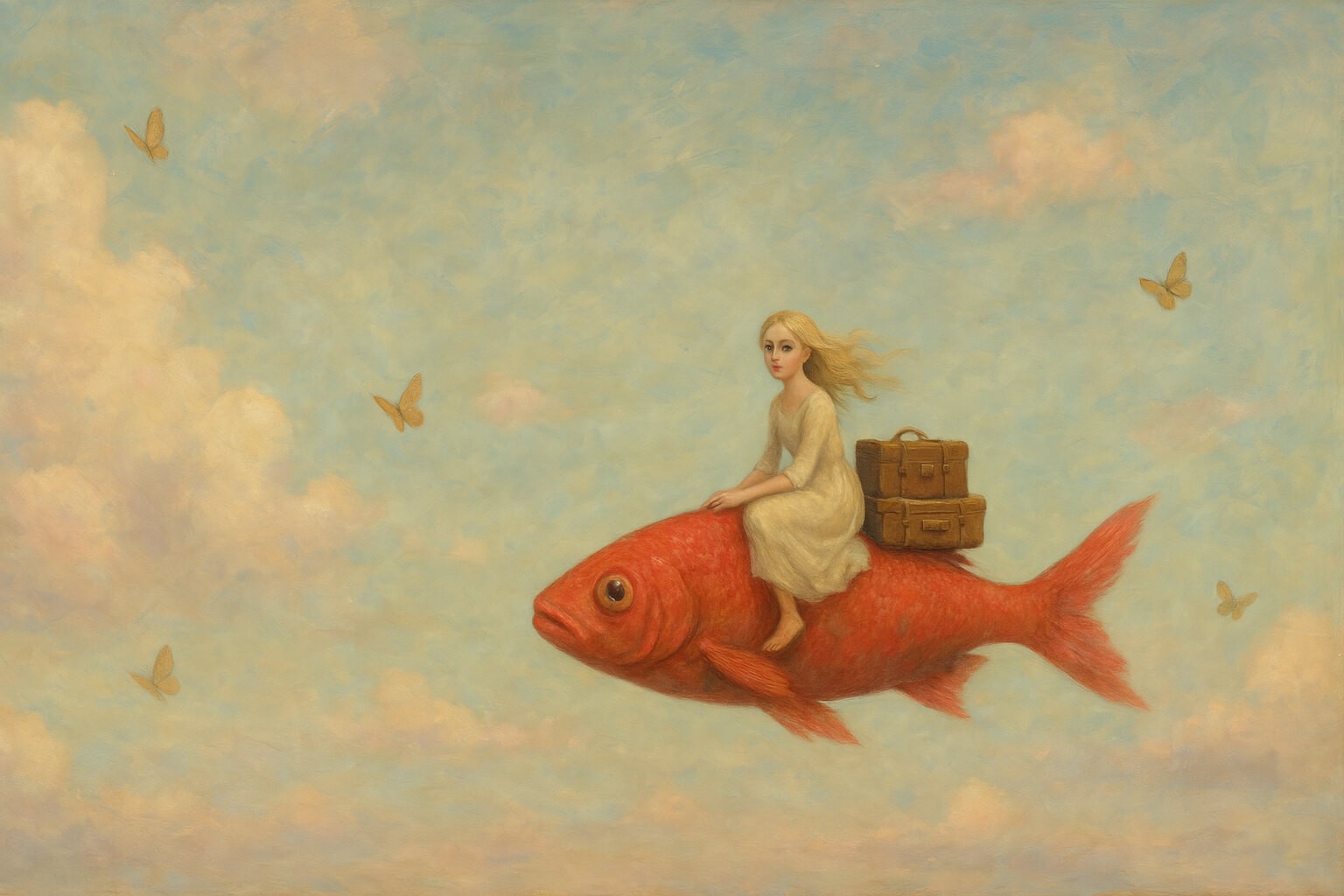 Surreal painting of a girl riding a red fish with suitcases — symbolizing Ana Friedrikhson’s global life across 4 countries and 3 continents.