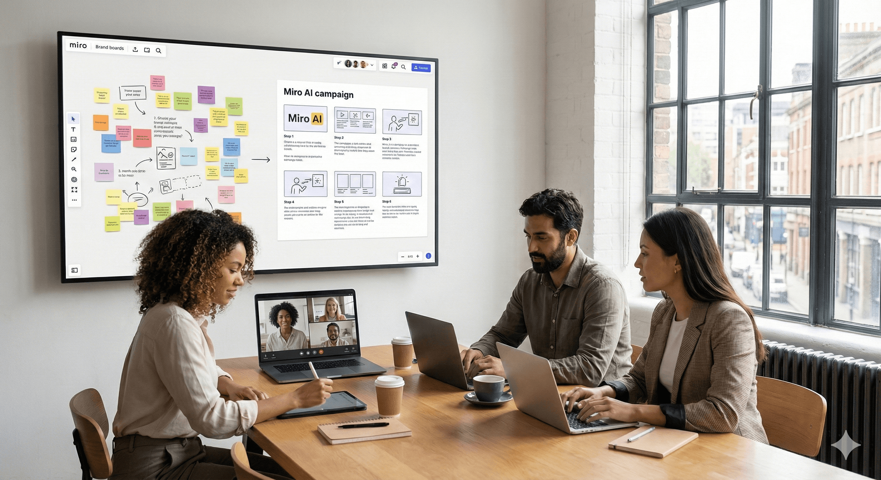 A diverse group of professionals collaborates around a wooden table with laptops, actively using virtual whiteboard software on a large screen displaying the "Miro AI Brand Campaign."