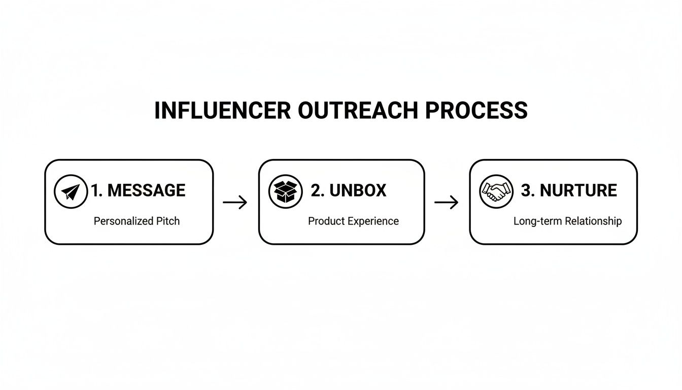 Diagram illustrating the three-step influencer outreach process: Message, Unbox, and Nurture for long-term relationships.