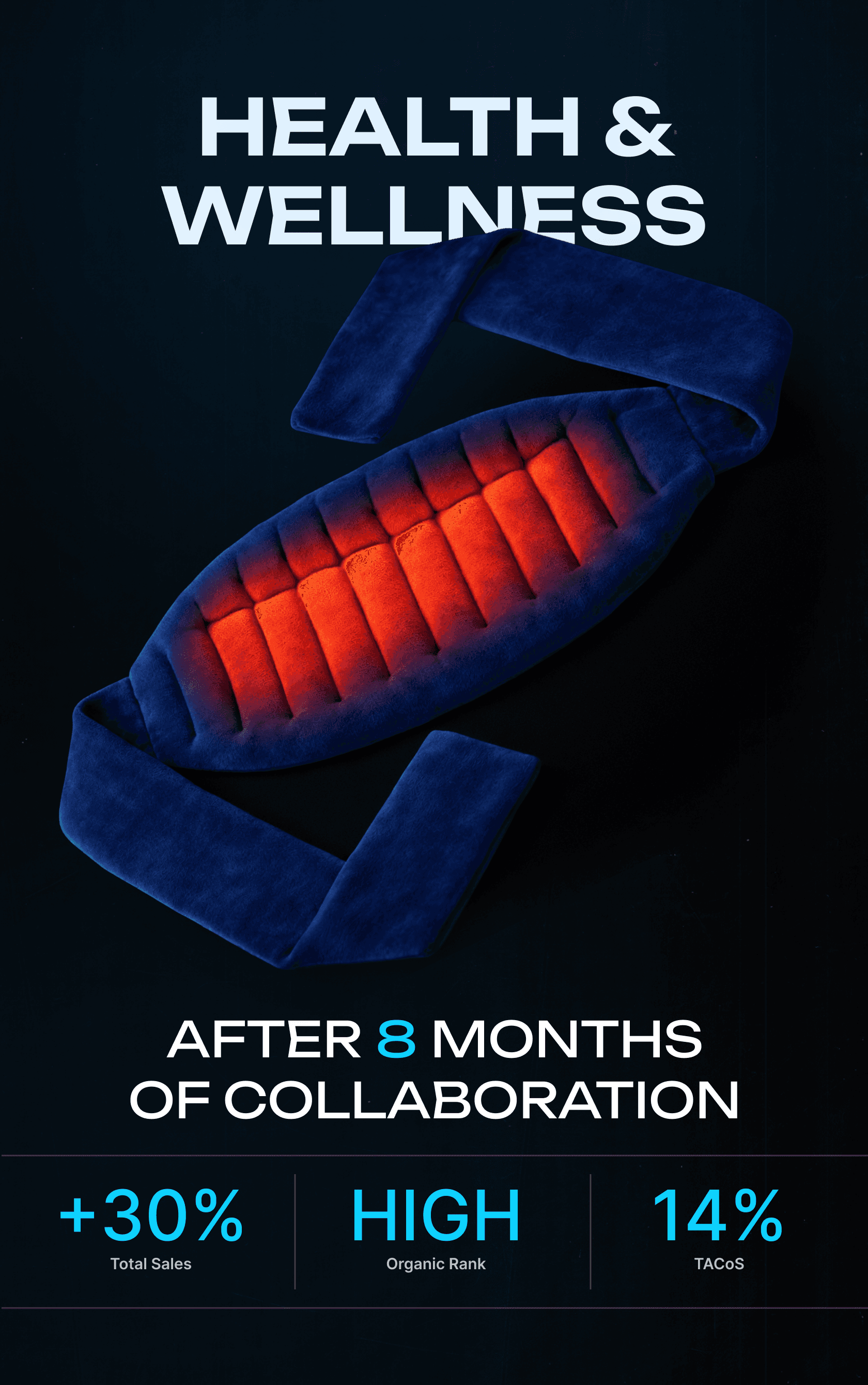 Microwavable back, neck, and shoulder wrap in navy blue displayed with its packaging on a living room table