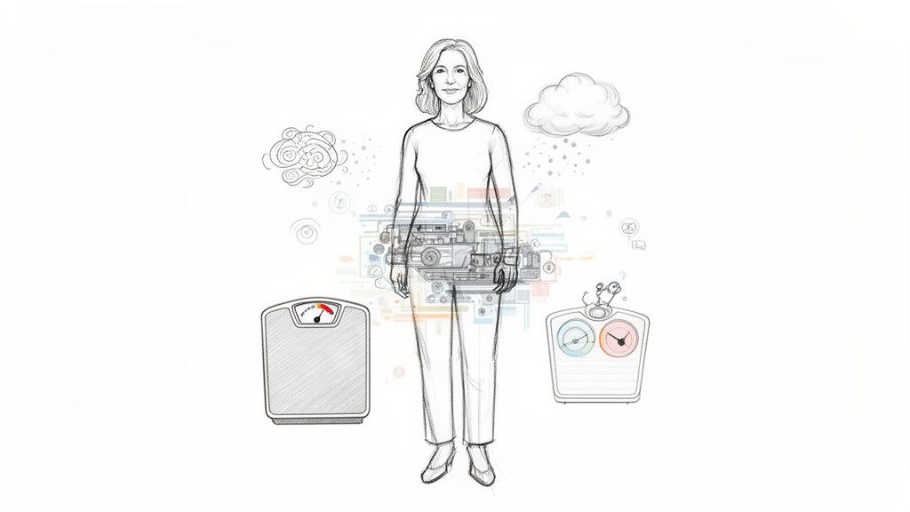 Line drawing of a woman's body with internal machinery, surrounded by health and wellness icons.