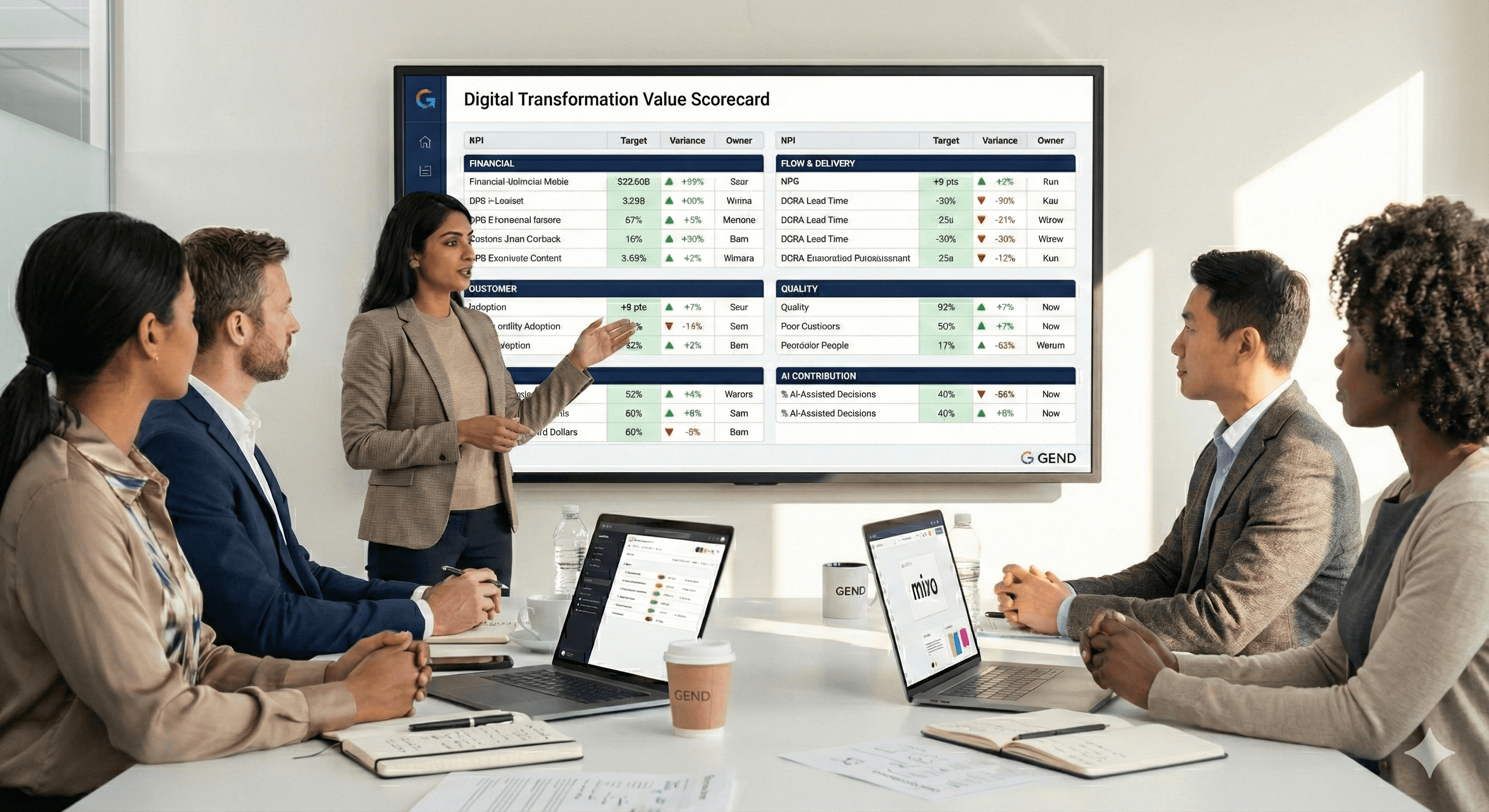 A diverse group of professionals are gathered in a modern conference room, attentively watching a presentation on a large screen displaying a "Digital Transformation Value Scorecard," while referencing laptops with the same information to analyze key digital transformation KPIs.