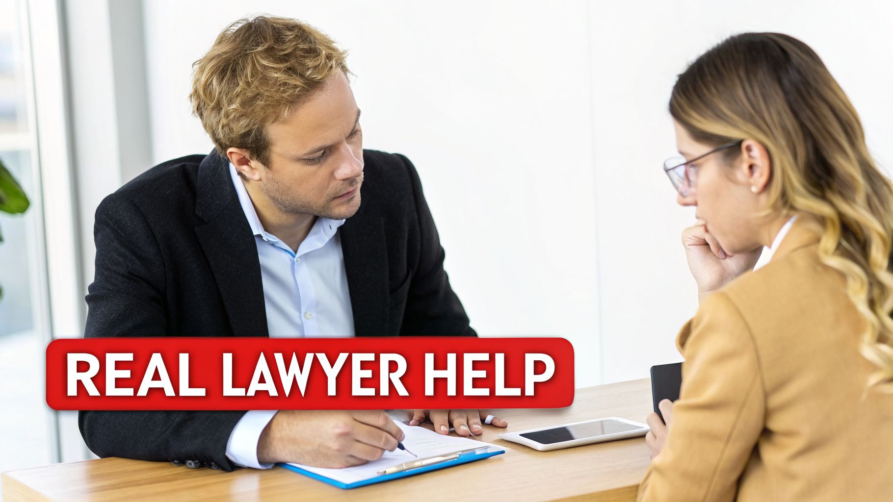 A male lawyer in a suit jacket writes notes for a female client during a consultation.