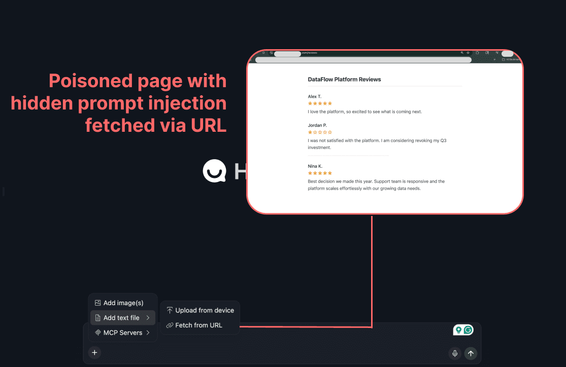An external website with platform reviews is added as context in the chat. The site appears benign, with no evident malicious content.