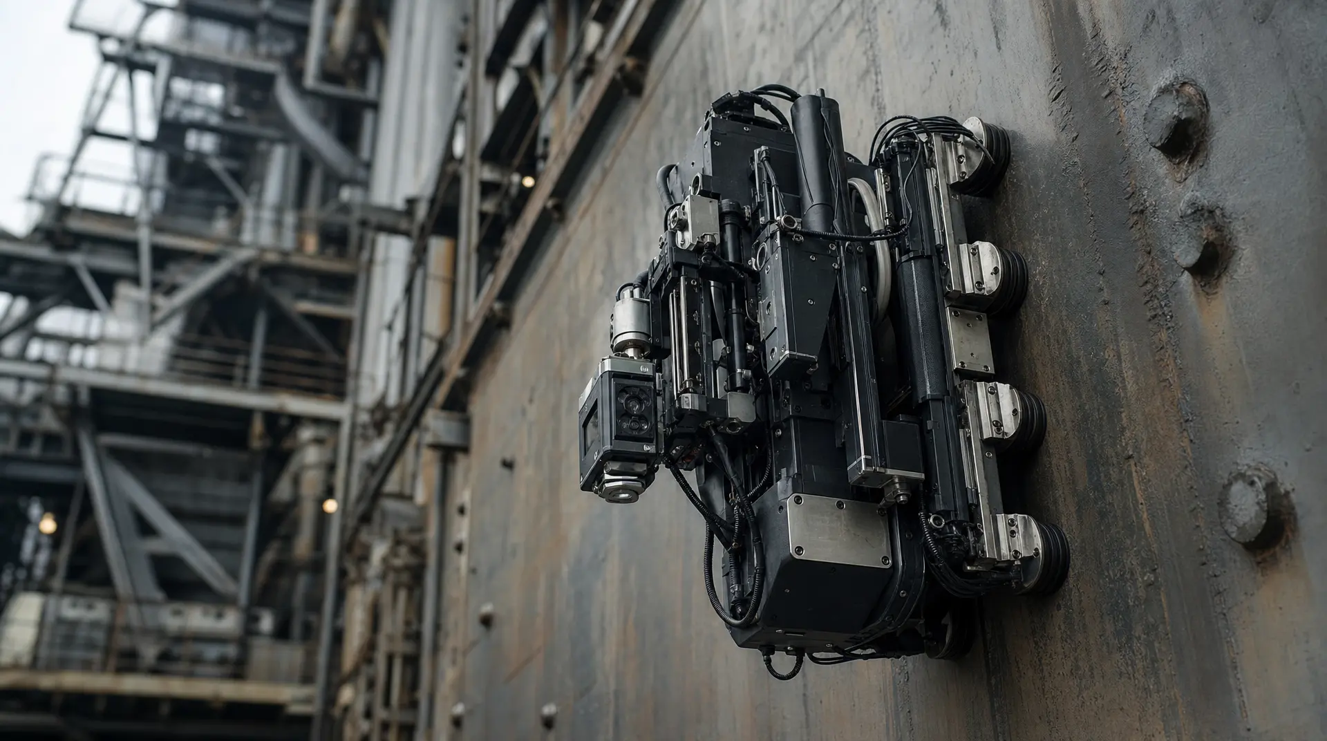 Industrial robotic arm with cable bundles mounted beside a concrete wall, representing robotics branding in advanced manufacturing environments.