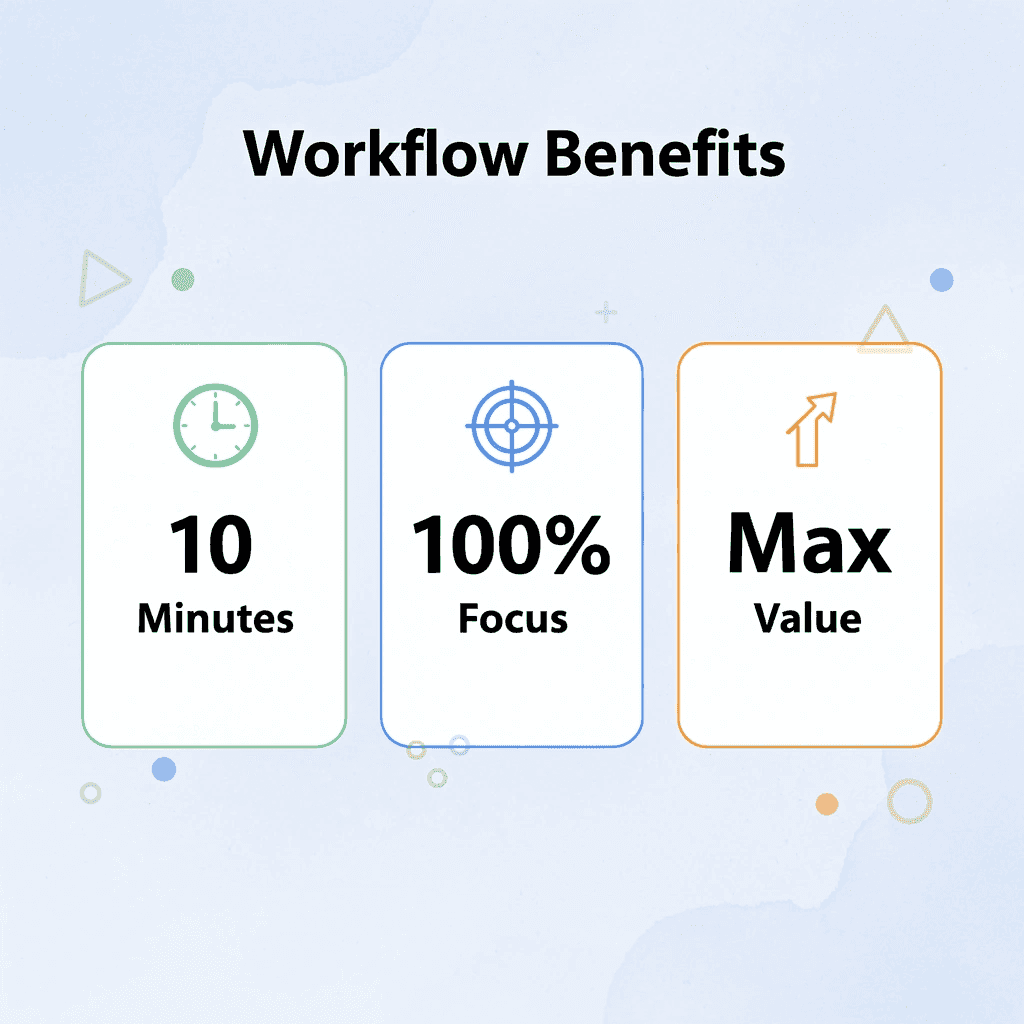 Statistics showing workflow benefits: 10 minutes, 100% focus, maximum value
