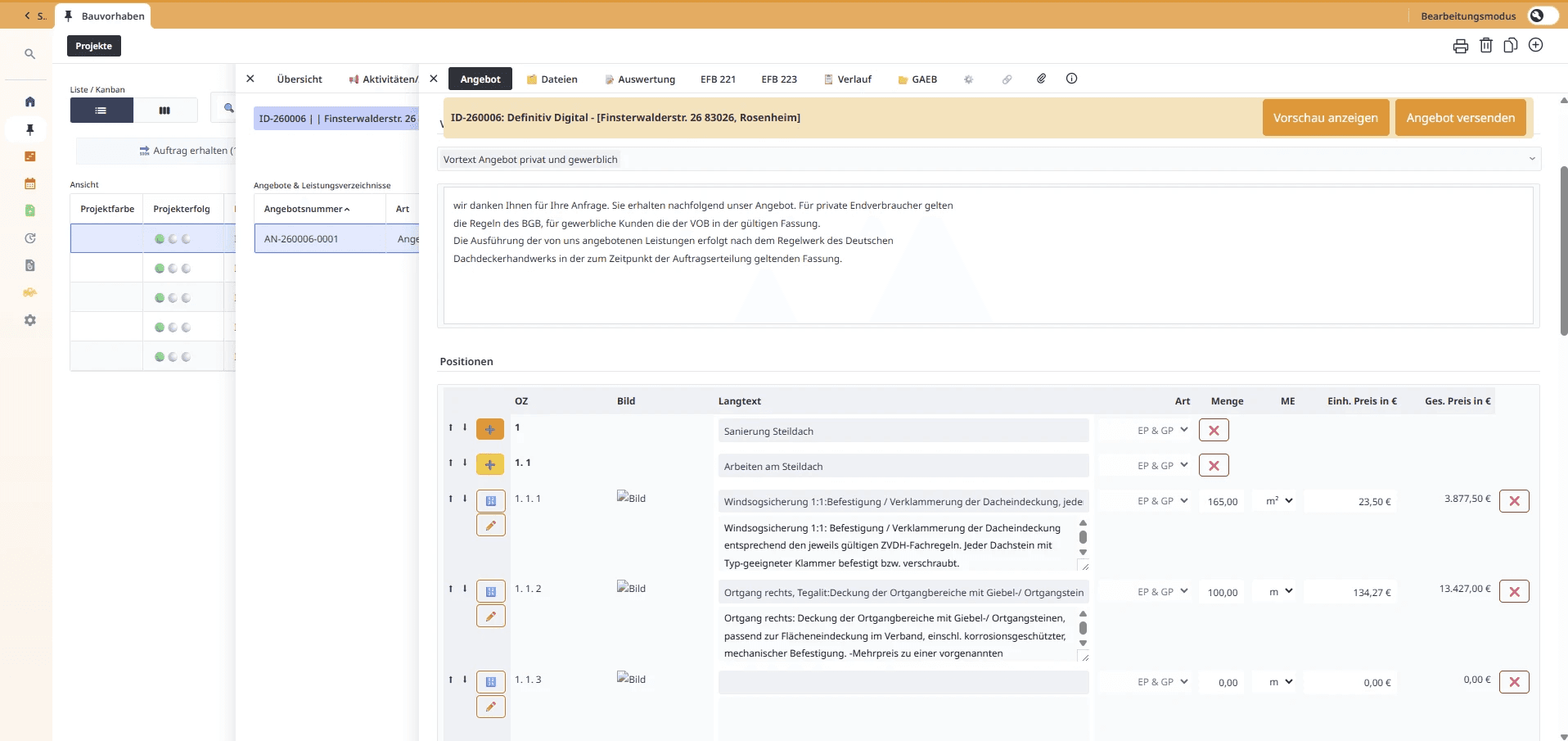 Screenshot der Kalkulation einer passgenauen Handwerkersoftware