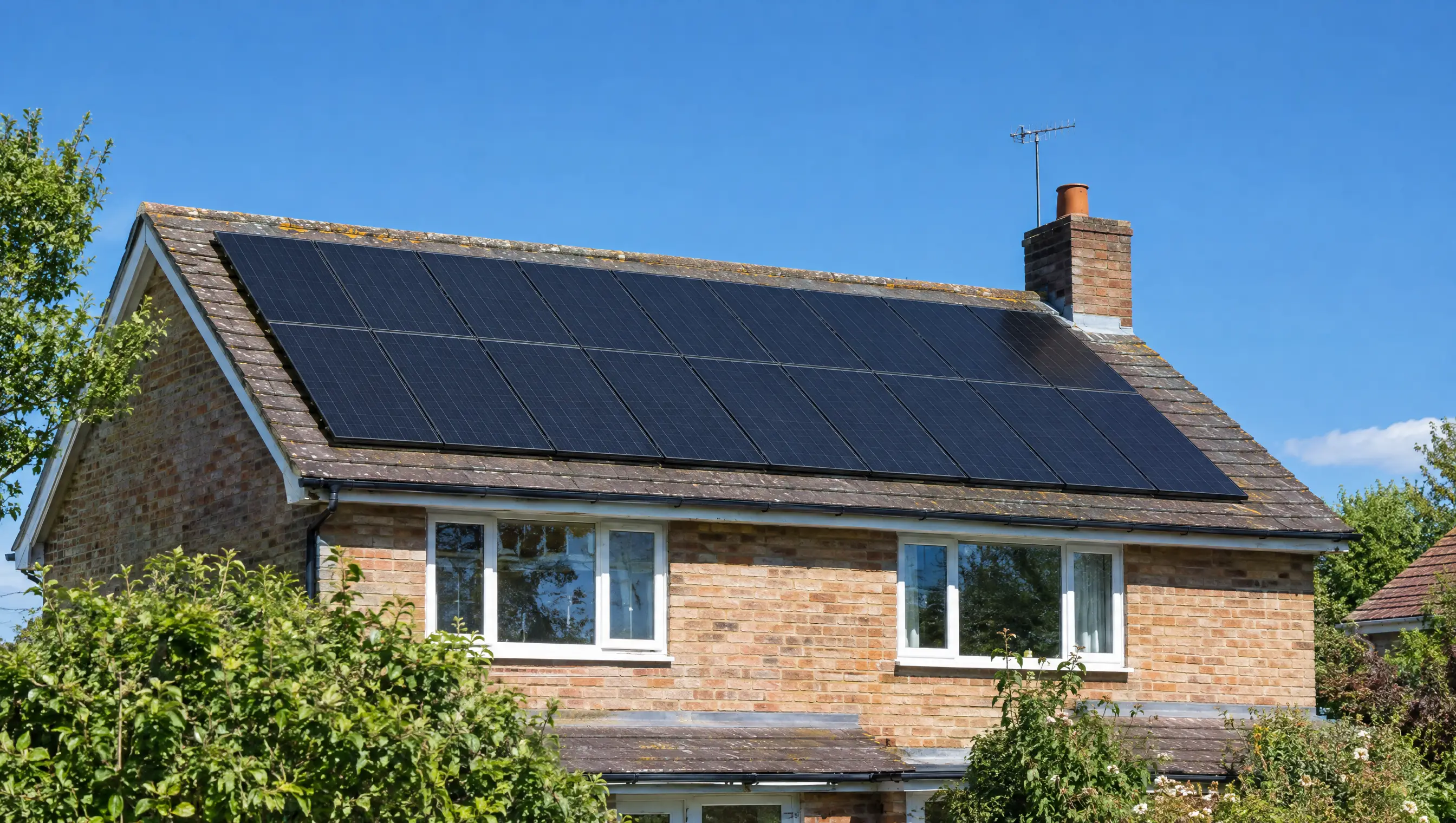 A large solar array covering most of a south-facing roof