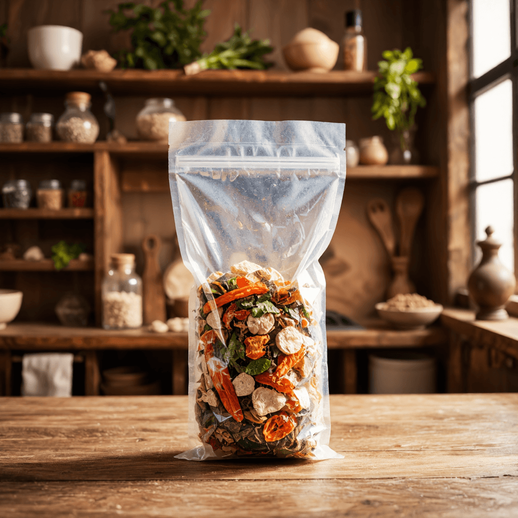 product photography of a bag of dried vegetables for cooking