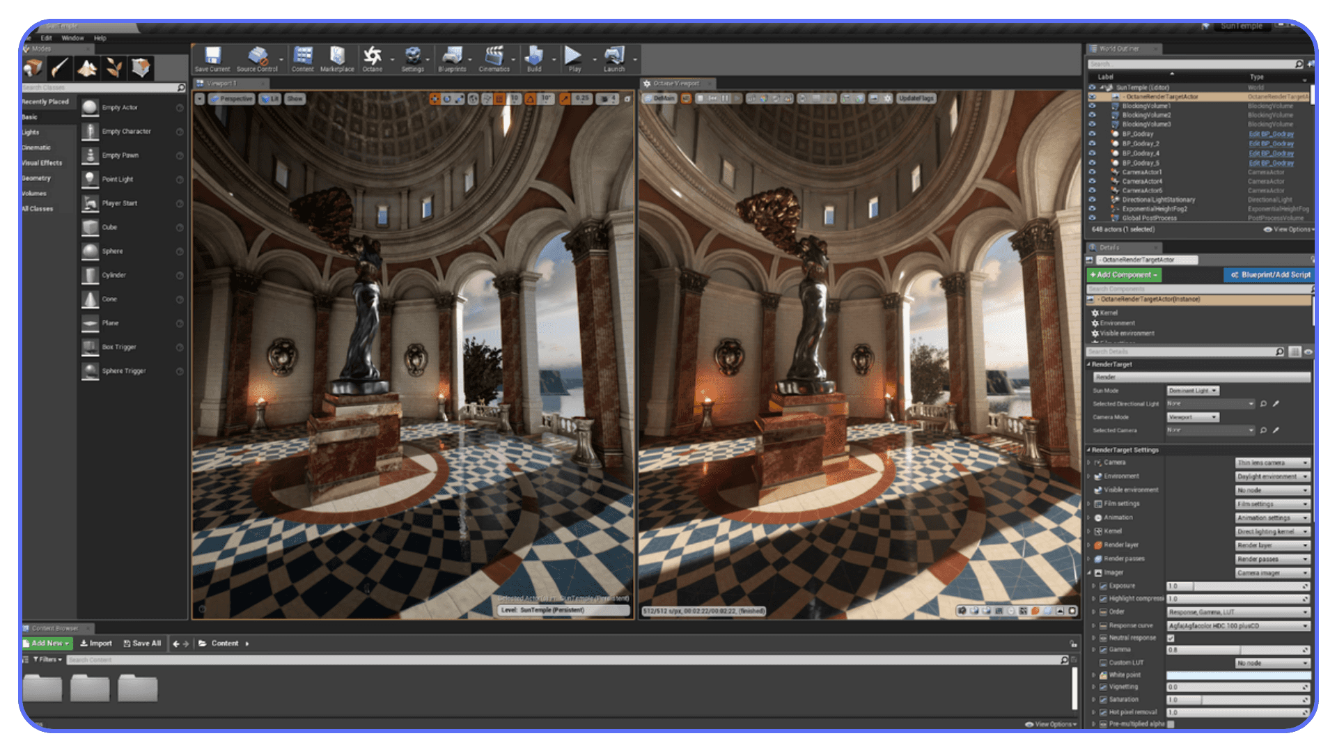 OctaneRender Blender output with high-contrast lighting, sharp reflections, and photorealistic materials