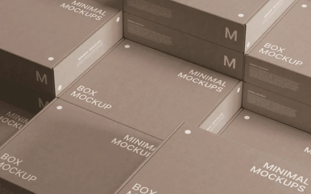 A collection of stacked brown cardboard boxes with minimalist white text and small circular accents. The arrangement emphasizes clean lines and uniformity in design.