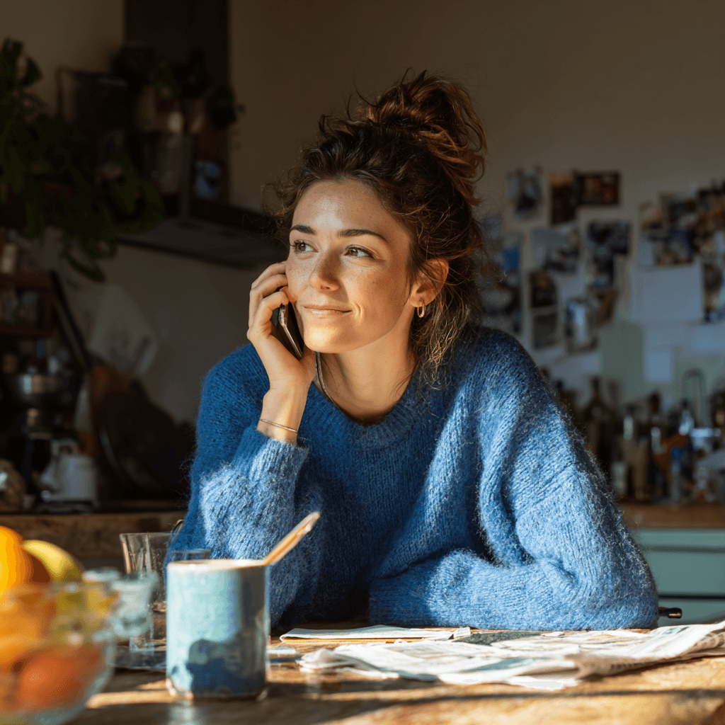 Woman talking to ai agent on phone happily