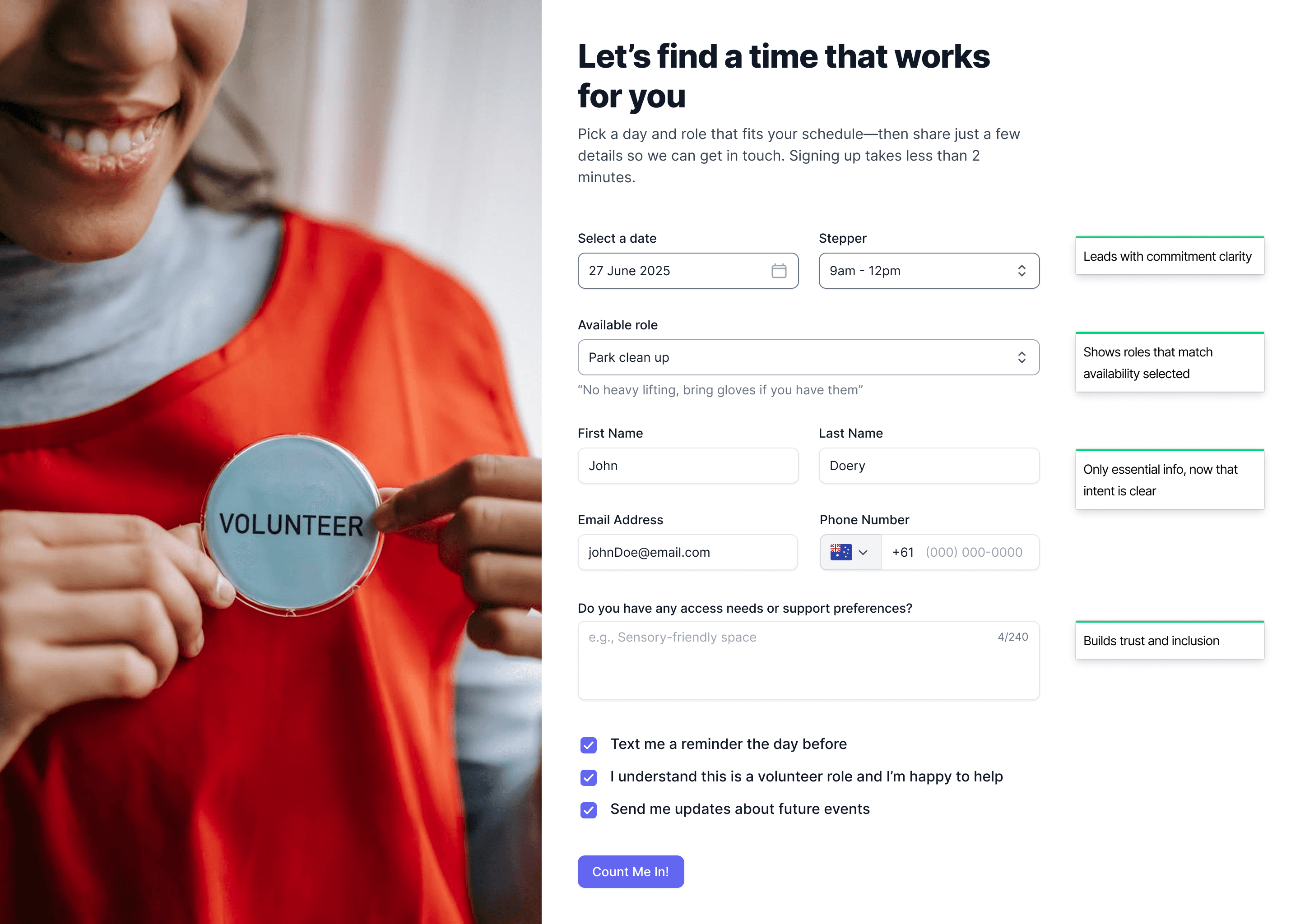 Streamlined volunteer form showing date, role selection and simple personal details with clear guidance.