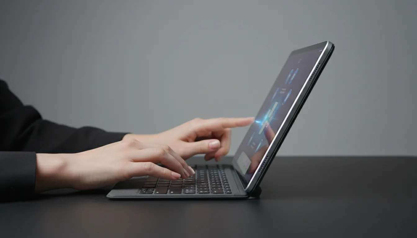 DSLR photograph, side profile shot of a person's hands using an Apple iPad Pro with a keyboard case, placed on a matte black desk. One hand is typing on the keyboard while the other reaches up to touch the screen. Soft studio lighting illuminates the scene against a clean, neutral grey studio backdrop, creating a professional, minimalist aesthetic with a shallow depth of field.