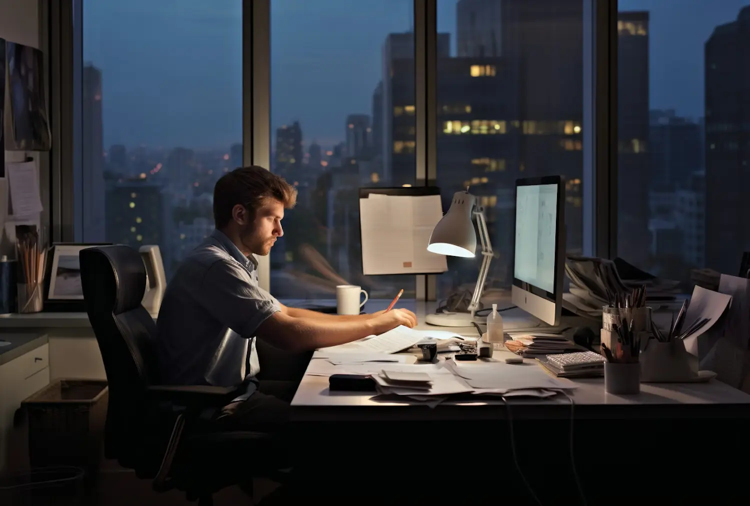 Man working late at a cluttered desk in an office with a city view at night.