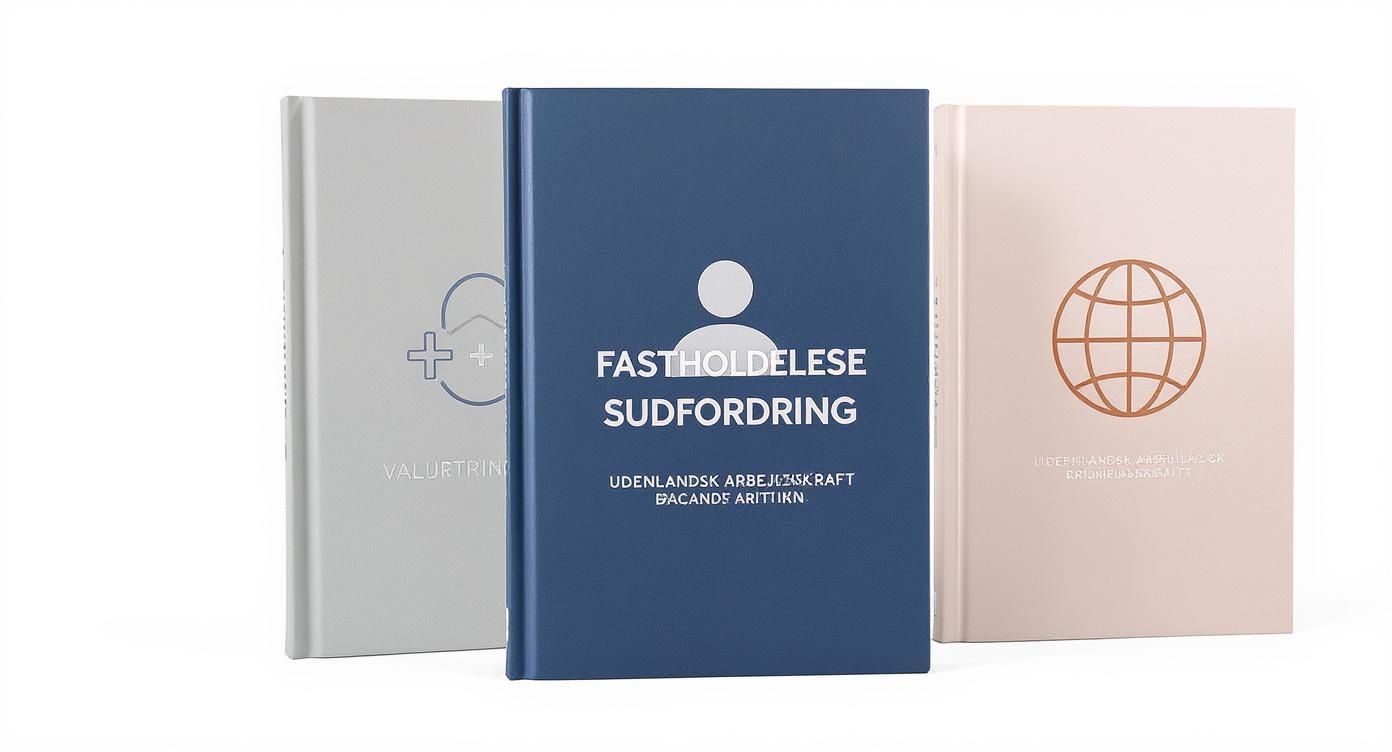 Tre bøger i forskellige farver med ikoner og danske titler om fastholdelse af medarbejdere og international arbejdskraft.