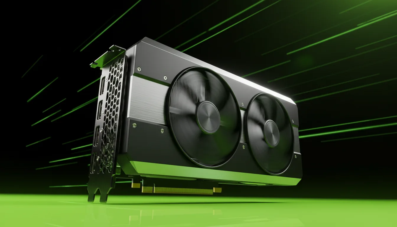 3D product render of an NVIDIA RTX 4090 graphics card, dynamic low-angle view. The card has a matte black and silver metallic chassis with a large spinning fan showing motion blur. It sits on a vibrant lime-green reflective surface against a deep black background with abstract green light streaks. Cinematic contrast lighting with sharp, clean highlights on the edges, creating a sleek, high-tech aesthetic.