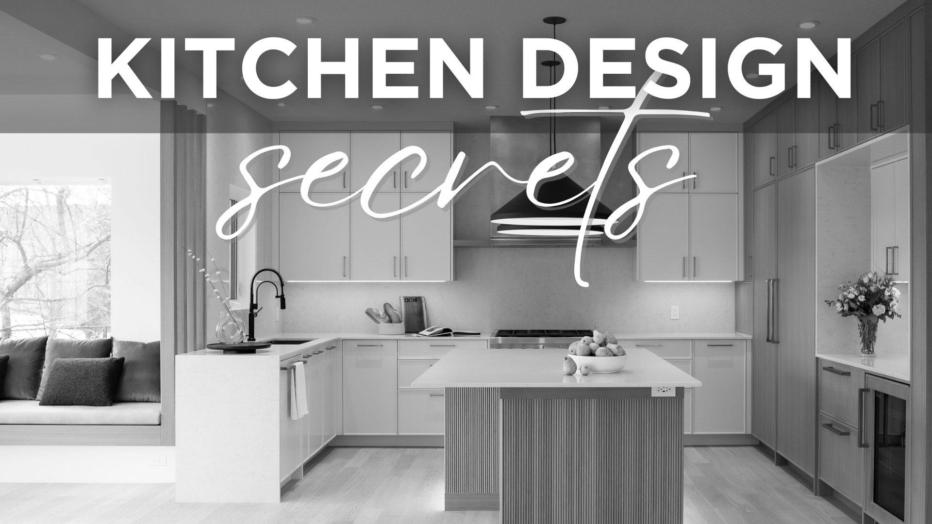 Kitchen design secrets text over a medium toned wood modern kitchen.