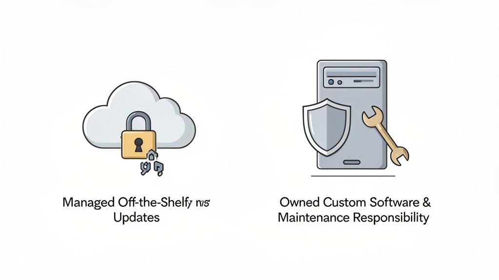 Illustration comparing cloud-managed off-the-shelf software with a padlock to custom owned software with maintenance tools.