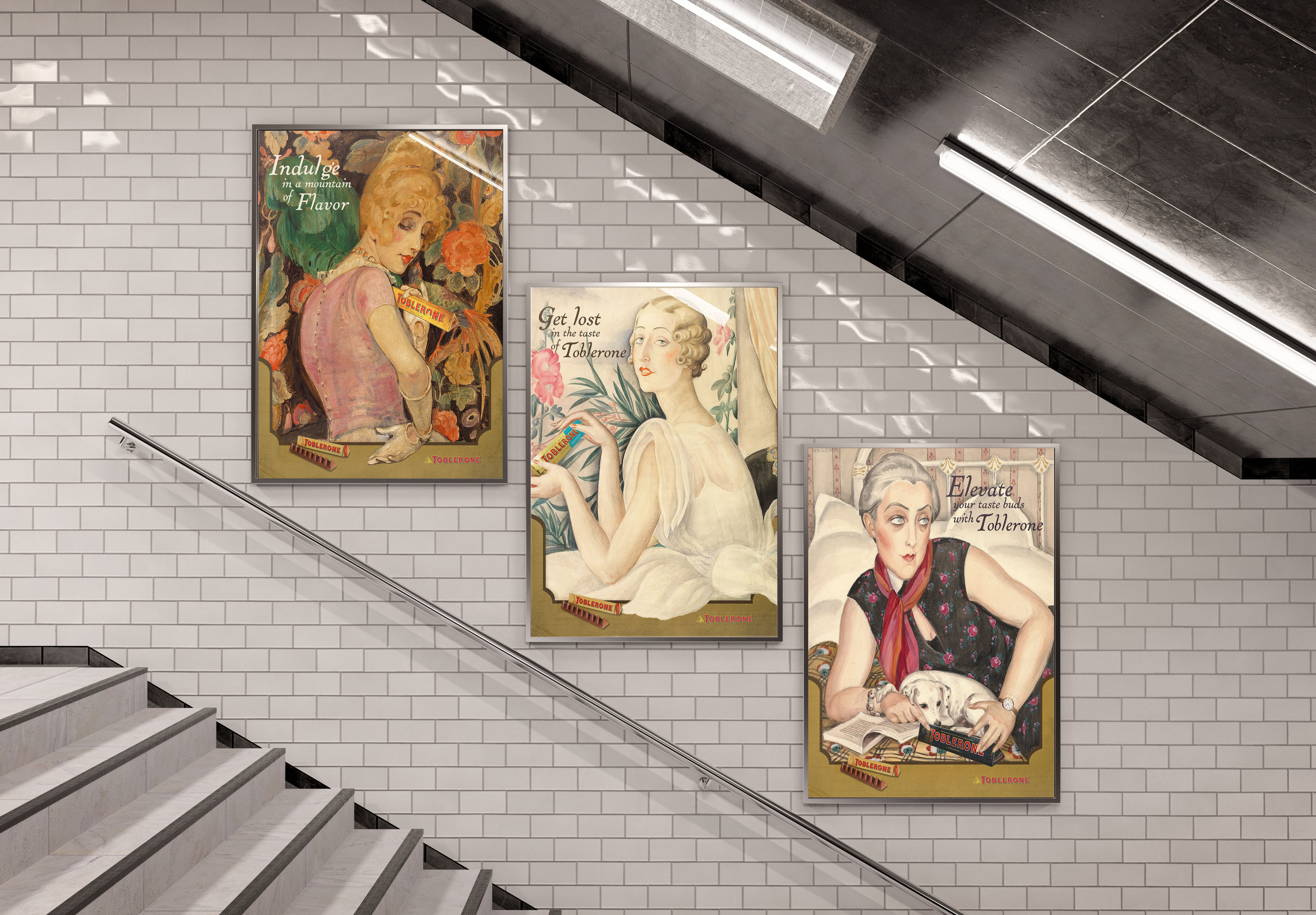 three posters on stairway mockup