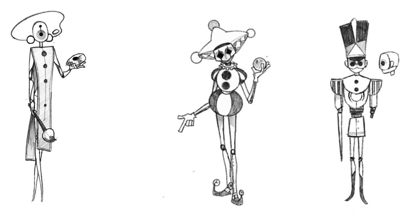Enemy concepts: Mask Painter, Joker and Toy Soldier