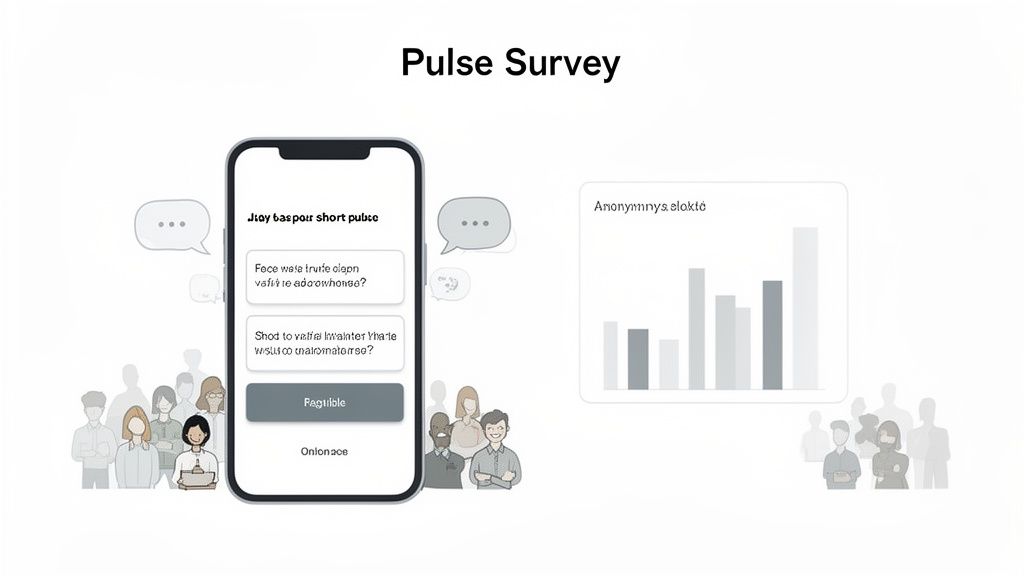 A mobile phone displaying a pulse survey with questions and a bar chart showing results, surrounded by people.