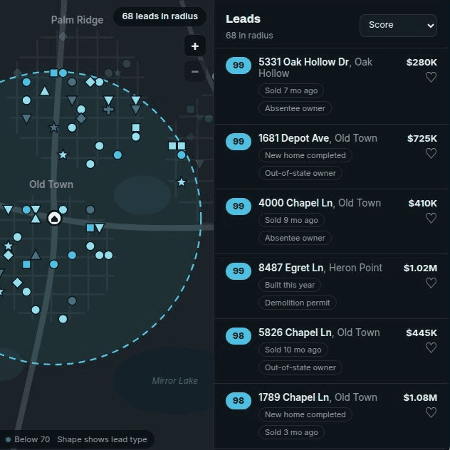 PoolSpotter app showing scored leads on a map and a ranked lead list