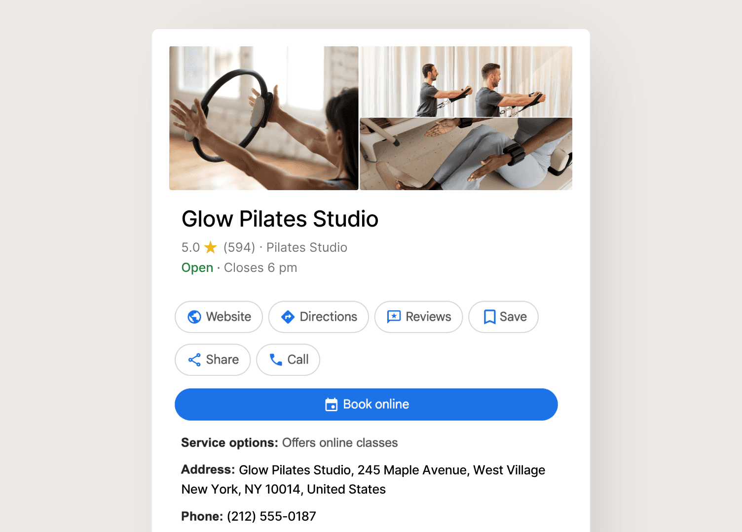Boutique studio owner completing category and service fields in her Google Business Profile dashboard.