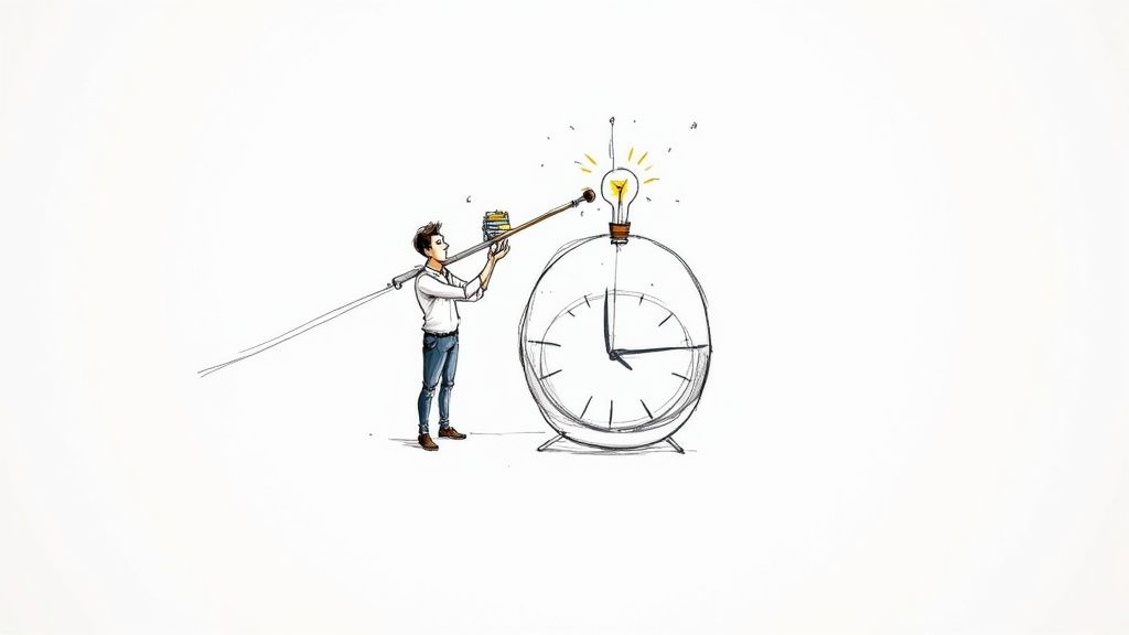 A man balances books on a pole to light a bright idea bulb atop a large clock.