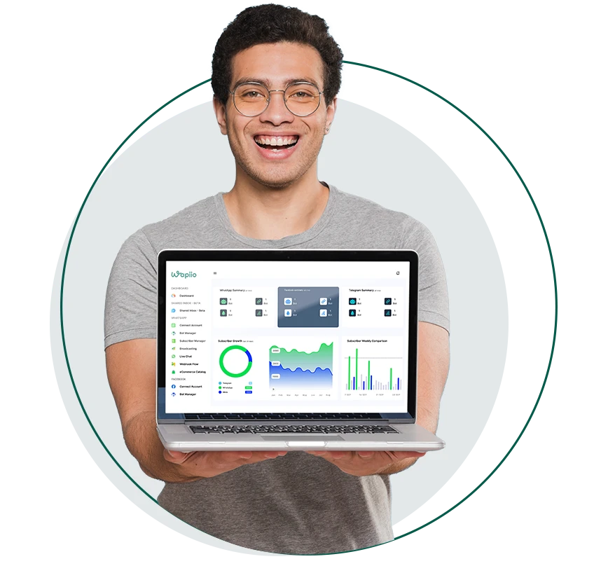 A smiling man wearing glasses holds an open laptop displaying Wapiio's dashboard with charts and graphs, with logo visible on the screen. He is framed by a grey circle and a green outline.