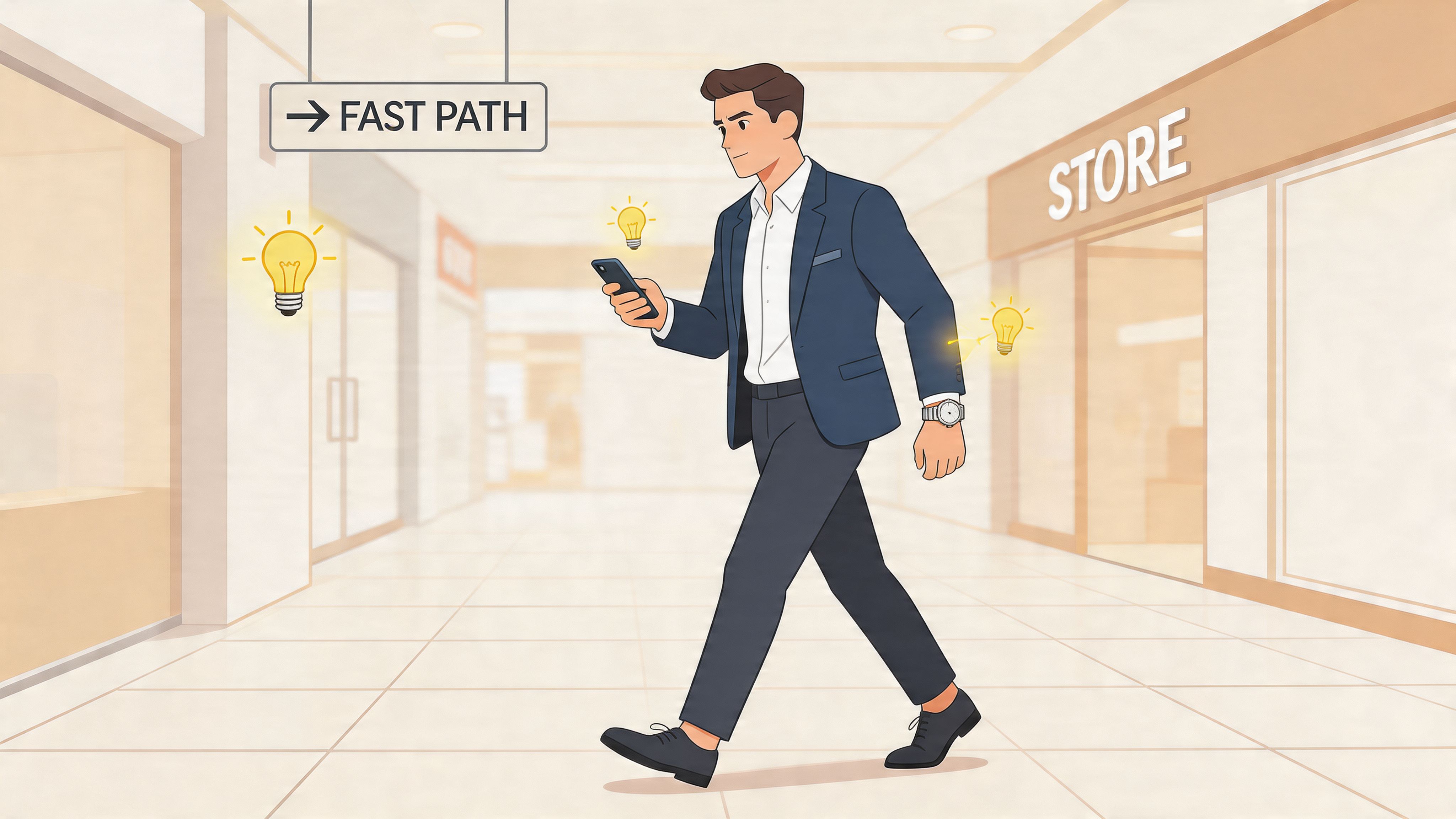 A businessman in a suit walking through a mall while looking at his smartphone with lightbulbs floating nearby.
