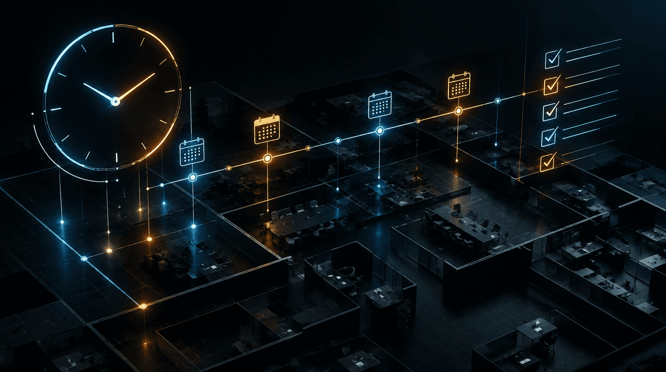 Abstract compliance timeline and checklist rendered as glowing lines over a dark floor plan