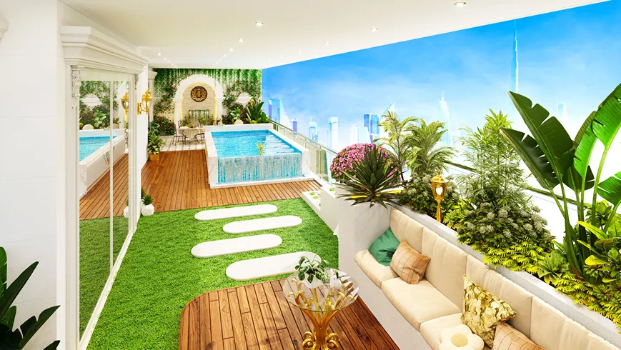 View from a spacious balcony at Vincitore Aqua Flora, overlooking the lush surroundings.