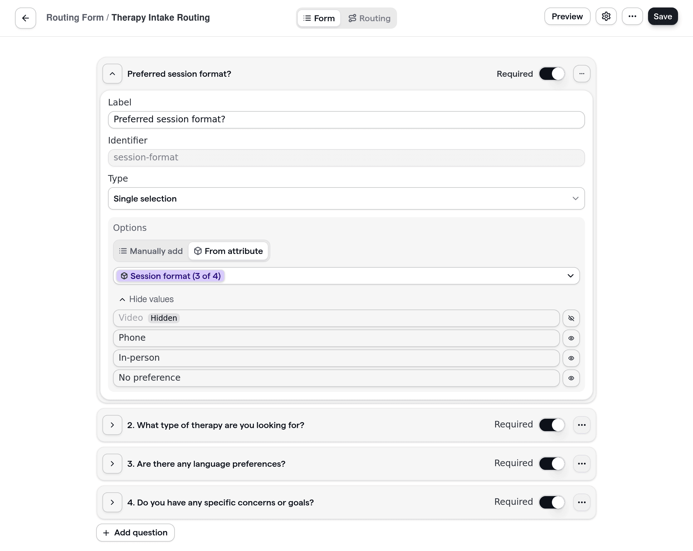 Cal.com routing form showcasing the creation of a customizable intake form with therapy-specific questions. The form is designed for online therapy platforms, collecting preferences such as therapy type and language.