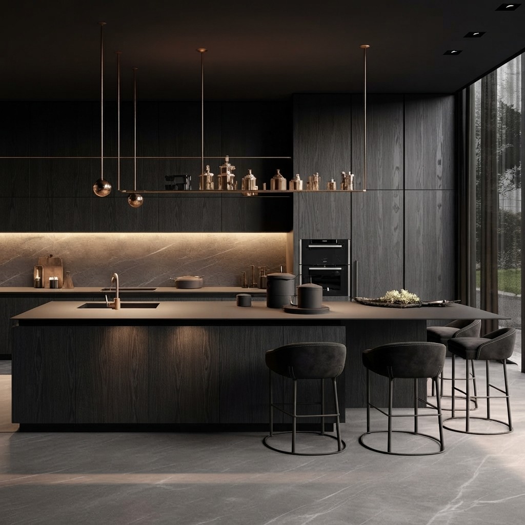 A luxury, modern kitchen featuring a dark minimalist aesthetic with matte black wood-grained cabinetry.