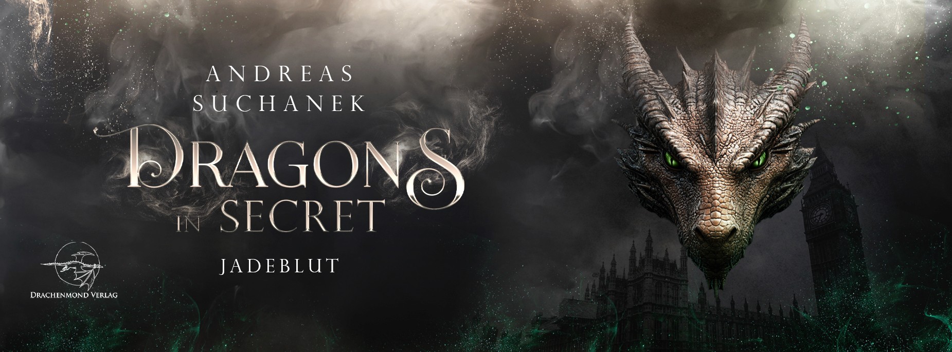 Dragons in Secret – Jadeblut: Fantasy-Banner mit Drachen über London