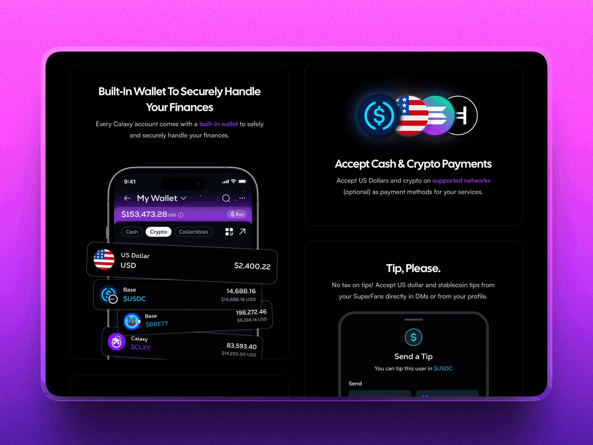 Calaxy website wallet features section - Built-In Wallet bento boxes showing $153K balance, Accept Cash & Crypto Payments, and USDC tipping functionality