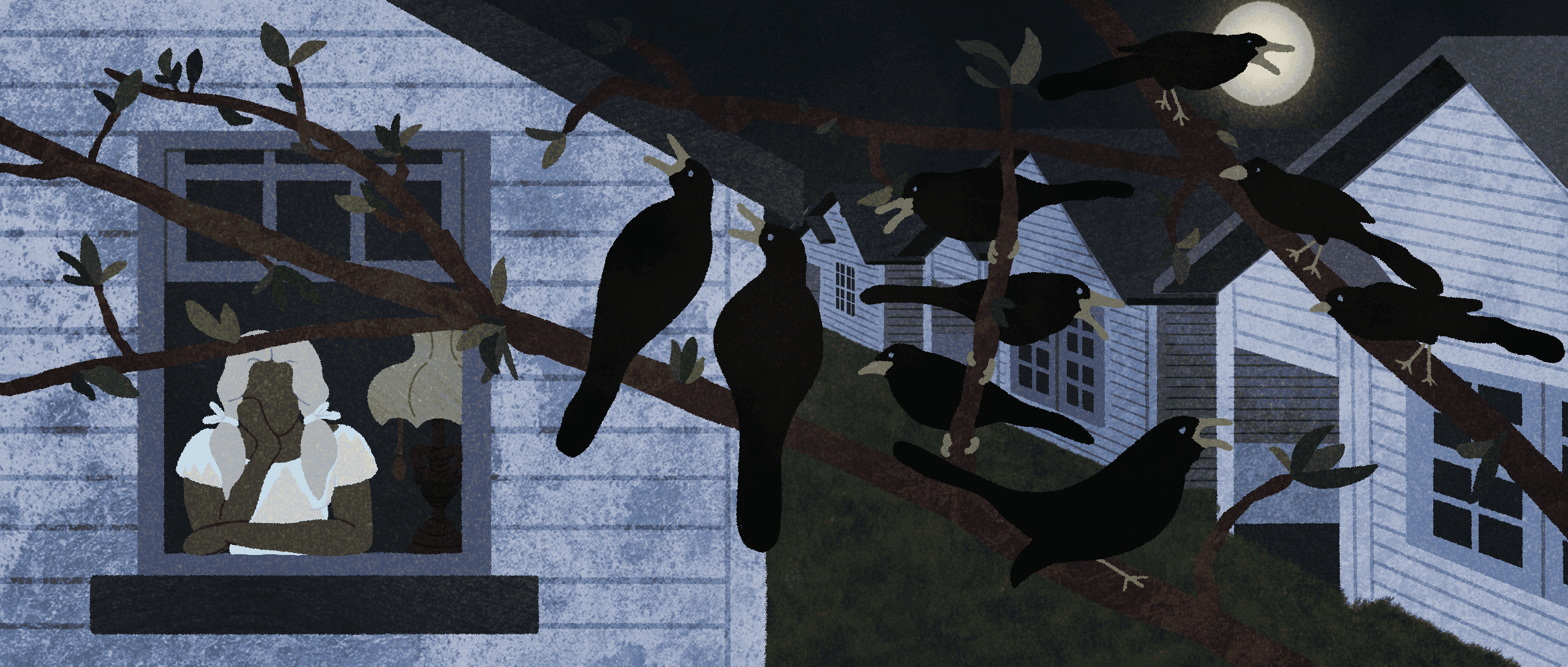 Illustration of a young girl staring out her bedroom window in the middle of the night, black birds chirping outside her window..