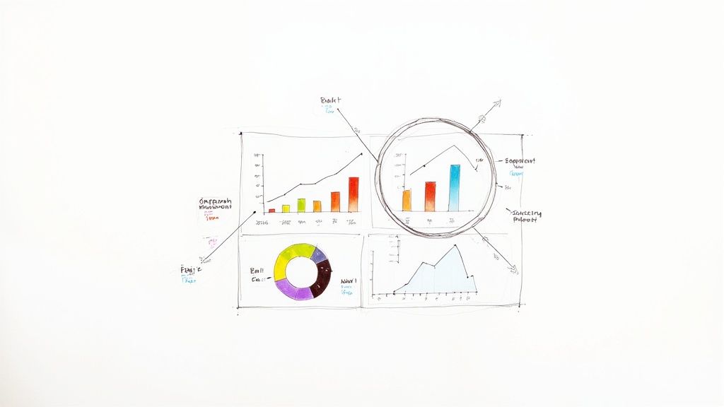 Business analytics dashboard with bar charts, pie chart, and magnifying glass highlighting data visualization