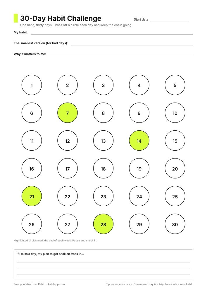 30-day habit challenge printable PDF from Kabit